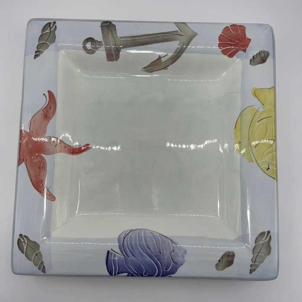 ARM Ceramica Italy Nautical Square Serving Plate Dish Fish Anchor Starfish Shell